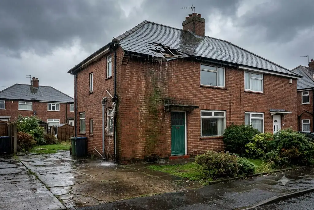 Will House Insurance Cover a Leaking Roof in the UK? Damaged house roof leaking during rain in the UK
