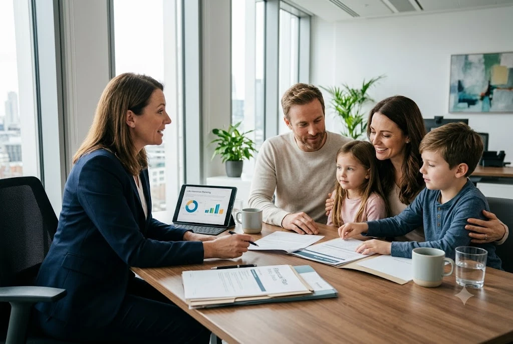 Whole of Life Insurance UK: What It Is and How It Works UK family discussing whole life insurance policy with advisor