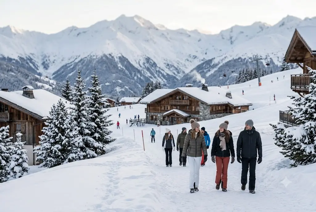 Winter Travel Insurance in the UK: What You Must Know Before You Travel Travellers at snowy mountain resort with winter travel insurance concept