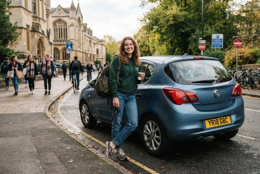 Student Car Insurance: A UK Guide for Students Student car insurance guide showing a university student beside a car in the UK