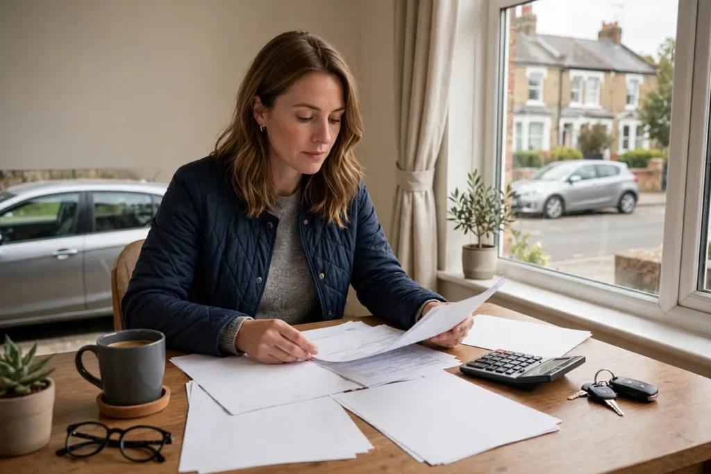 GAP Insurance: A Complete UK Guide UK driver reviewing gap insurance paperwork with car keys and a calculator at home
